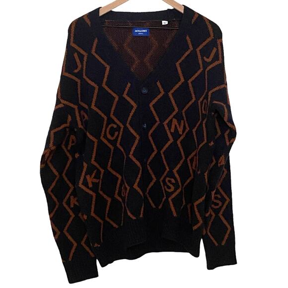 Jack & Jones Originals Men's Size XS Navy Brown Jarnsnake Knit Cardigan Sweater - Picture 1 of 9